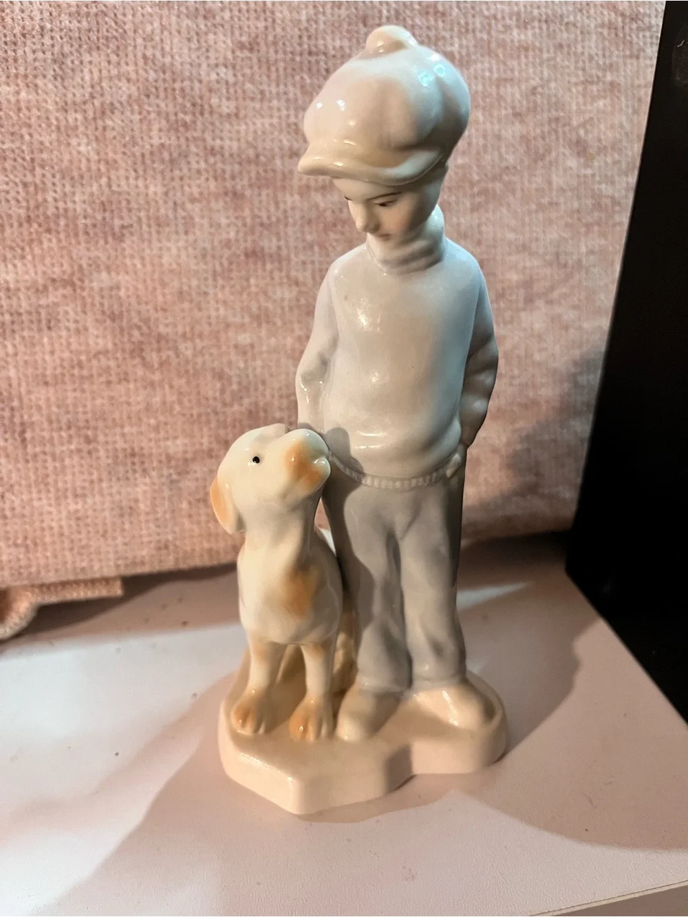 Vintage Porcelain Boy with Dog Figurine - White and Cream